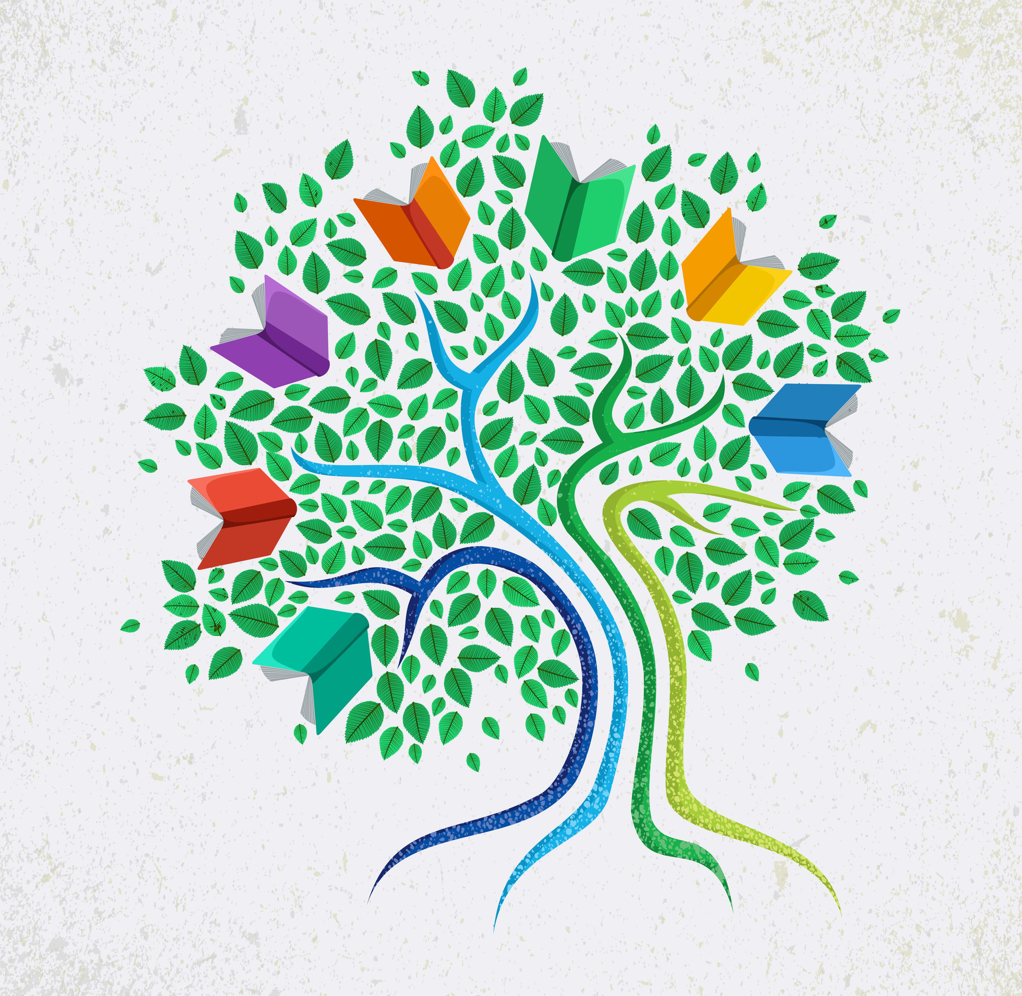 Illustrated image of a thriving tree with colourful books hovering on top Illustrated image of a thriving tree with colourful books hovering on top